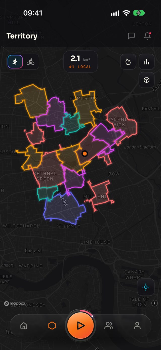 The Stryde territory map: each person's claimed ground drawn along real streets in east London